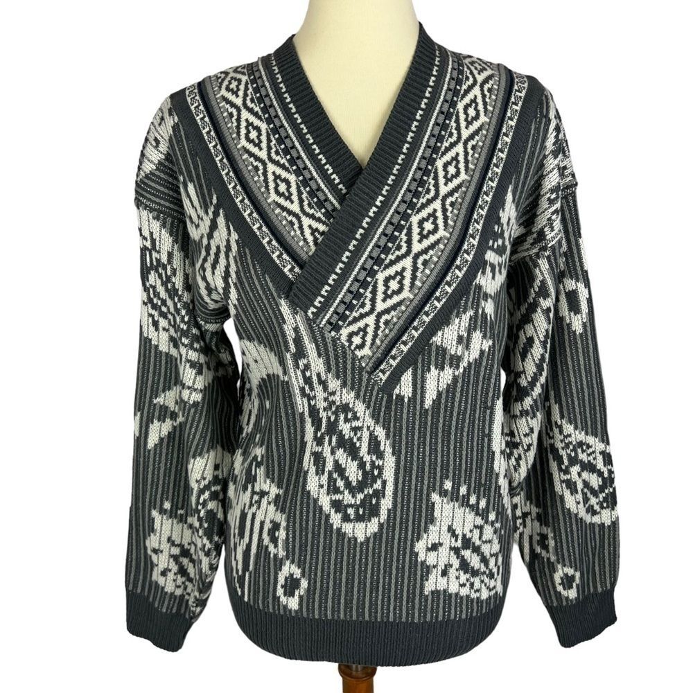 Hoopla Vintage 80's Gray Paisley V-Neck Pullover Knit Sweater Women’s Small